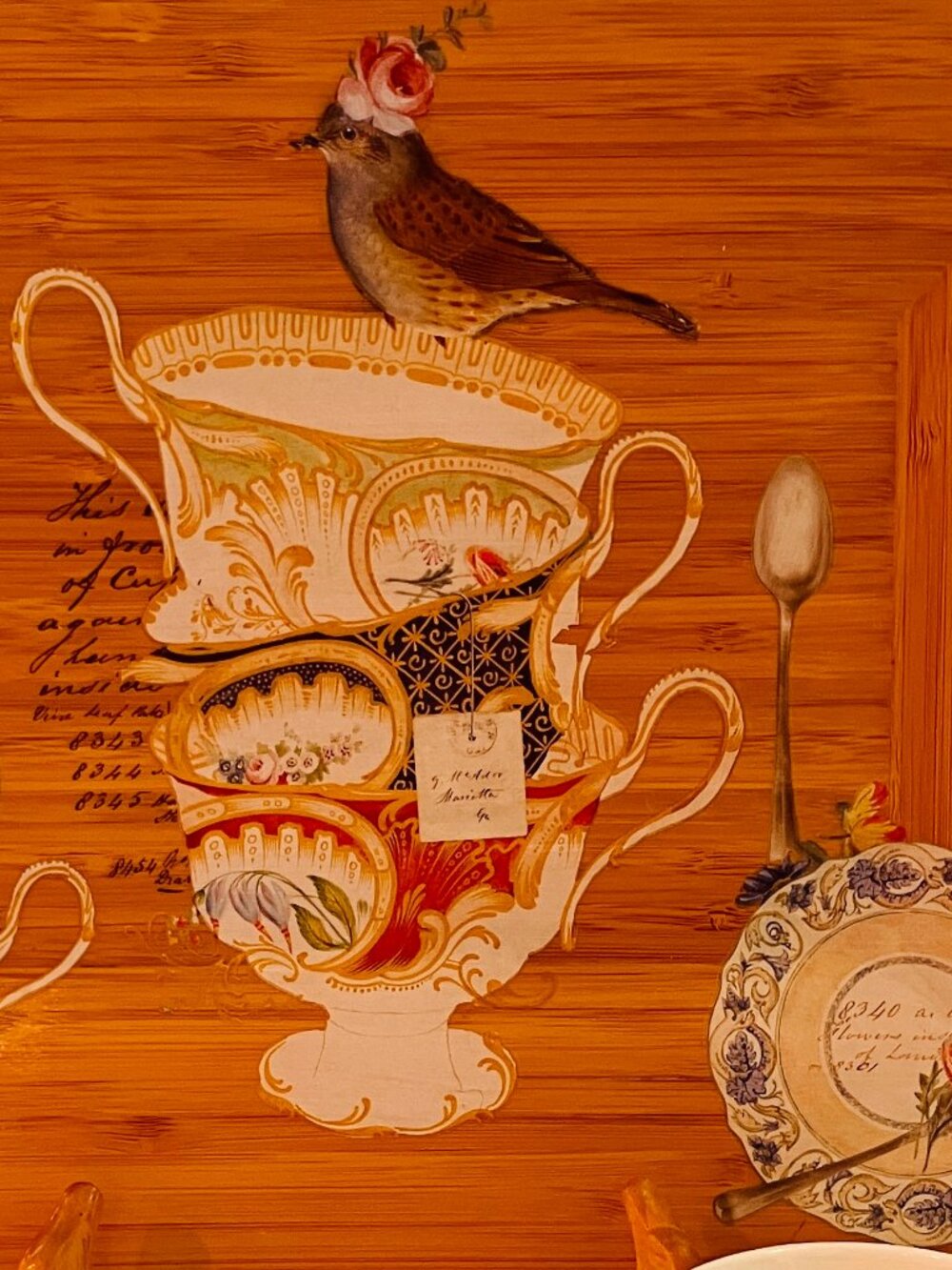 Vintage Bamboo Wood Tea Tray - Up Cycled with Birds, Flowers, Teacups